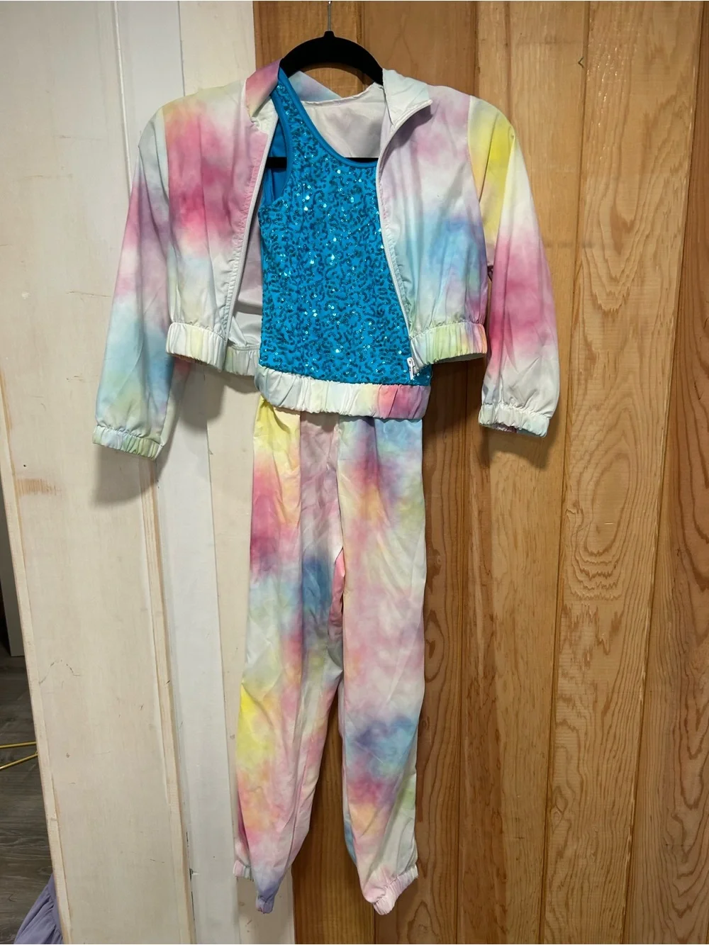 Weissman Pastel Tie-Dye Jacket & Pants with Blue Sequin Tank